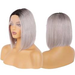 T-Teil-Lace-Front-Perücken, Echthaar-Bob, 13 x 1 x 4, vorgezupftes glattes Haar, Highlight-Ombre für Frauen(Lgrey,22in(55cm)) von ZBYXPP