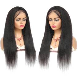 Verworrene, gerade Lace-Front-Perücke, vorgezupftes Echthaar mit feinem Haar, 150% Dichte, für schwarze Frauen(kinky str,16-18in) von ZBYXPP