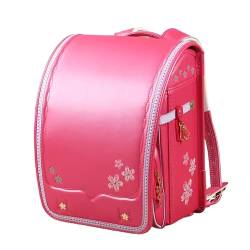 ZCBYBT Niedliche Kirschblüten Rucksack Ransel Randoseru PU Leder Japanische Box Schultasche mit automatischem Schloss, für Mädchen Jungen,Rot,36 * 27 * 23CM von ZCBYBT