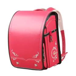 ZCBYBT Ransel Randoseru Rucksack Kranz Stickerei PU Bookbag Automatische Satchel Japanische Schultasche für Mädchen,Rot,36 x 27 x 23 cm von ZCBYBT
