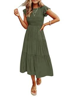 ZCSIA Damen 2023 Sommer Casual Rüschen Kurzarm Rundhalsausschnitt Gesmokte Gestufte A-Linie Midikleid, Army Grün, Klein von ZCSIA