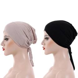 2er Pack Turban Damen Frauen Undercap Hijab Cap Unterschal Klassische Slouch Beanie Mütze Islamische Muslimische mit Tie Back Solid Color Mütze Baumwolle Chemo Hüte für Frauen Haarausfall versiegelt von ZCSOWE