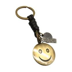 ZDHC Lustiger Schlüsselanhänger mit Smiley-Gesicht, Leder, geflochten, Metall-Anhänger, Schlüsselanhänger, personalisierbar, für Damen und Herren, Bronze 1, One size von ZDHC