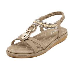 ZDQ Sandalen Damen Sommer Bequem Elegant Flach Sandaletten Frauen Outdoor Freizeit Bohemian Strand Schuhe mit Weich Fussbett Beige 38 von ZDQ