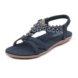 ZDQ Sandalen Damen Sommer Elegant Flach Bequem Sandaletten Frauen Outdoor Freizeit Bohemian Strand Schuhe mit Weich Fussbett Blau 41 EU = Herstellergröße 42 von ZDQ