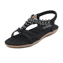 ZDQ Sandalen Damen Sommer Elegant Flach Bequem Sandaletten Frauen Outdoor Freizeit Bohemian Strand Schuhe mit Weich Fussbett Schwarz 40 von ZDQ