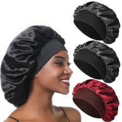 3 Pack Schlafende Haar-Mütze, Satin-Haarmütze für Lockiges Haar, Locker eng Anliegende Nachtmütze, Seidenmütze für Frauen, Geeignet Zum Schutz Lockiger Haare Während des Schlafens (Schwarz + Rot) von ZEACCT