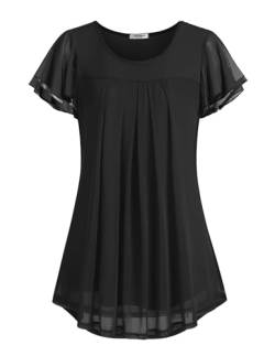 ZEAGOO Blusen Damen Elegant Kurzarm Damenbluse Falten Tunika Longshirt Sommer Rüschen Ärmel Blumen Chiffon Bluse Oberteile Doppellagige Blusentops Schwarz 3XL von ZEAGOO