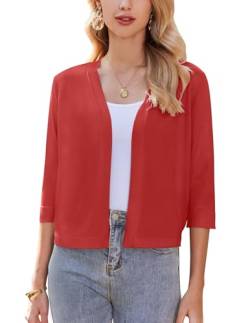 ZEAGOO Damen Bolero Festlich 3/4 Ärmel Cardigan Elegant Business Bolerojacke Lässige Solid Strickjacke Rot M von ZEAGOO