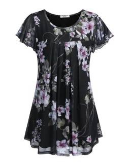 ZEAGOO Damen Chiffon Bluse Kurzarm Falten Oberteile Sommer Rundhals Top Leicht Sommerblusen Blumen Tunika Doppellagig Blusenshirt Lässiger Shirts PAT1 XL von ZEAGOO