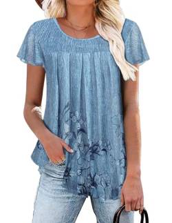 ZEAGOO Damen Chiffon Bluse Kurzarm Falten Oberteile Sommer Rundhals Top Leicht Sommerblusen Blumen Tunika Doppellagig Blusenshirt Lässiger Shirts PAT3 XL von ZEAGOO