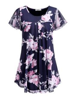 ZEAGOO Damen Chiffon Bluse Kurzarm Falten Oberteile Sommer Rundhals Top Leicht Sommerblusen Blumen Tunika Doppellagig Blusenshirt Lässiger Shirts PAT5 XL von ZEAGOO