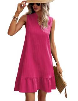 ZEAGOO Damen Kleid Ärmellos Sommer Tank T-Shirt V Ausschnitt Kleid Elegant Freizeitkleid Magenta S von ZEAGOO