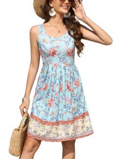 ZEAGOO Damen Kleid Sommer Kleid Strandkleid Ärmellos Rundhals Kleid Freizeitkleid Mini Boho Tank Kleid Knielang Blumen Sonnenkleider Hellblau XL von ZEAGOO