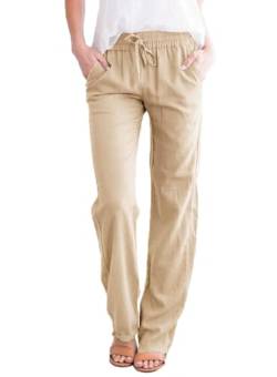 ZEAGOO Damen Sommer Hose Lang Freizeithose Einfarbig High Waist Weite Hosen Leicht Leinenhose Sommerhose mit Taschen Khaki L von ZEAGOO