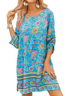 ZEAGOO Damen Sommerkleid Bohemian Freizeitkleid Sommer 3/4-Arm Strandtunika Knielanges T Shirt Kleider Strandkleid Blau L von ZEAGOO