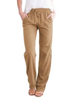 ZEAGOO Hosen Damen Leinen Freizeithose Yogahose Weites Bein Kordelzug Lose Breites Bein Pants Strandhose mit Taschen Camel L von ZEAGOO