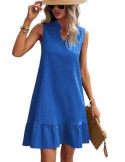 ZEAGOO Sommerkleid Damen Ärmellos V-Ausschnitt T-Shirt Rüschenkleid Strandkleid Leichte Kurze Freizeitkleid Blumenkleider Blau M von ZEAGOO