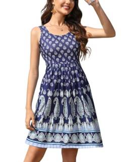 ZEAGOO Sommerkleid Damen Kleider Ärmellos Strandkleid Mini Boho Tank Kleid Rundhals Blumen Kleid mit Taschen Knielang Kleid Freizeitkleider für Damen Navyblau S von ZEAGOO