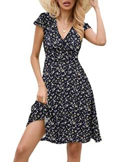 ZEAGOO Sommerkleid Damen Kurz Blumen A Linie Damenkleider Sommer Kurzarm Floral Blumenkleid Sexy Knielang Blümchenkleid Casual Elegant 42 XL von ZEAGOO