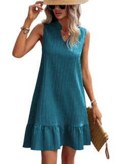 ZEAGOO Sommerkleid Damen Kurz Elegant Smock Dress V Ausschnitt ärmellos Strandkleider Casual Rüschenkleid Blau Grün XL von ZEAGOO