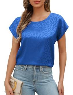ZEAGOO Tunika Damen Rundhals T Shirt Royal Blau Elegante Satin Bluse Leoprint Oberteile Lässige Streetwear Tops, XL von ZEAGOO
