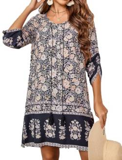 ZEAGOO Tunikakleid Damen 3/4-Arm Sommerkleider Bohemian Kleid Blumen Sommer MiniKleid Lose Tunika Freizeitkleid Schwarz M von ZEAGOO