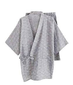 ZEALMAX Herren Kimono Japanische Jinbei Hemd und Hose Baumwolle Leinen Loungewear Lounge Set Spa Bademantel, Stil 1, mehrfarbig, One size von ZEALMAX