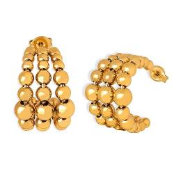 ZEBRAGO Schlichte 18 Karat vergoldete Edelstahl-Ohrringe mit drei Schichten runden Perlen, C-förmige Ohrringe für Damen, Edelstahl, Kein Edelstein von ZEBRAGO