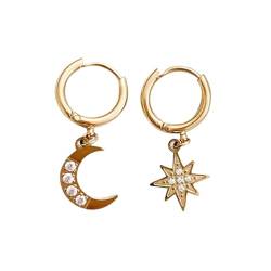 ZEBRAGO Simple Star Moon Cubic Zirconia Earrings Asymmetrical 14k Gold Plated Stainless Steel Earrings for Women, Edelstahl, Zirkonia von ZEBRAGO
