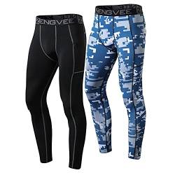 ZENGVEE 2er Pack Kompressionshose Herren Lang Sport Leggings Herren Schnelltrocknende Funktionsunterhose Herren Lang Atmungsaktiv mit Reißverschlusstaschen Männer Leggings（1819） Black Camo Blue-S von ZENGVEE