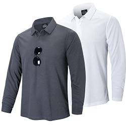 ZENGVEE 2er Pack Poloshirt Herren Langarm Golf Tshirts Atmungsaktive Poloshirts Sport Outdoor Tennis Poloshirt Casual T-Shirt Slim Fit mit Brillenhalter Knopfleiste(0615-White Grey-2XL) von ZENGVEE