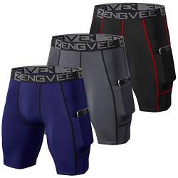 ZENGVEE 3er Pack Kompressionshosen Herren Laufhose Herren Kurz Schnelltrocknendes Leggings Kurz mit Seitentaschen Tights Sport Unterwäsche Herren（Gray Black Navy-S von ZENGVEE