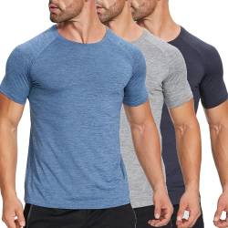 ZENGVEE 3er Pack Slim Fit Fitness T-Shirt Herren Sport Tshirts Funktionsshirt Schnelltrocknend Atmungsaktive Bodybuilding Shirt Workout Gym Trainingsshirt（320-Black Grey Blue-XL） von ZENGVEE
