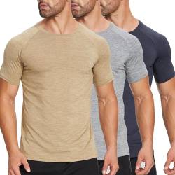 ZENGVEE 3er Pack Slim Fit Fitness T-Shirt Herren Sport Tshirts Funktionsshirt Schnelltrocknend Atmungsaktive Bodybuilding Shirt Workout Gym Trainingsshirt（320-Black Grey Khaki-S） von ZENGVEE