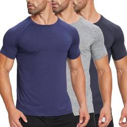 ZENGVEE 3er Pack Slim Fit Fitness T-Shirt Herren Sport Tshirts Funktionsshirt Schnelltrocknend Atmungsaktive Bodybuilding Shirt Workout Gym Trainingsshirt（320-Black Grey Navy-2XL） von ZENGVEE