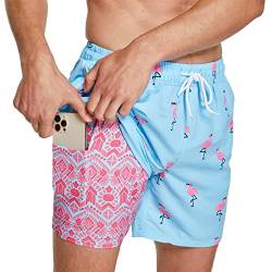 ZENGVEE Badehose Herren Badeshorts Bademode Kurz Schwimmhose Männer 2 in 1 Shorts Eng Jungen Men Schnelltrocknend Compression Boardshorts Swimming Sport Badeanzug Herren(1216-Blue/Flamingo-2XL) von ZENGVEE