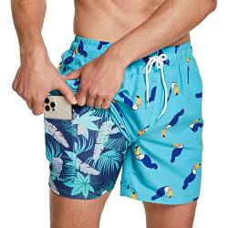 ZENGVEE Badehose Herren Badeshorts Bademode Kurz Schwimmhose Männer 2 in 1 Shorts Eng Jungen Men Schnelltrocknend Compression Boardshorts Swimming Sport Badeanzug Herren(1216-Green/Toucan-2XL) von ZENGVEE