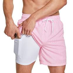 ZENGVEE Badehose Herren Badeshorts Bademode Kurz Schwimmhose Männer 2 in 1 Shorts Eng Jungen Men Schnelltrocknend Compression Boardshorts Swimming Sport Badeanzug Herren(1216-Pink Stripe-L) von ZENGVEE