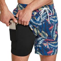 ZENGVEE Badehose Herren mit Kompression Liner 2 in 1 Schnelltrocknend Badeshorts Männer Trainingsshorts Elastisch Verstellbar Tunnelzug mit Reißverschlusstaschen（1215-3） YellowGrayRedLeaf-2XL von ZENGVEE