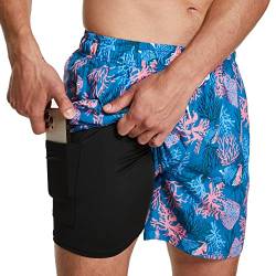 ZENGVEE Badehose Herren mit Kompression Liner 2 in 1 Schnelltrocknend Badeshorts Männer Trainingsshorts Elastisch Verstellbar Tunnelzug mit Reißverschlusstaschen（1215-4） PinkCoral-L von ZENGVEE