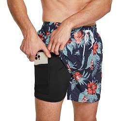 ZENGVEE Badehose Herren mit Kompression Liner 2 in 1 Schnelltrocknend Badeshorts Männer Trainingsshorts Elastisch Verstellbar Tunnelzug mit Reißverschlusstaschen（1215-6） RedFloweronNavy-2XL von ZENGVEE