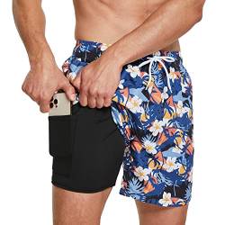 ZENGVEE Badehose Herren mit Kompression Liner 2 in 1 Schnelltrocknend Badeshorts Männer Trainingsshorts Elastisch Verstellbar Tunnelzug mit Reißverschlusstaschen（1215-8） WhiteRopeBlueWhite-L von ZENGVEE