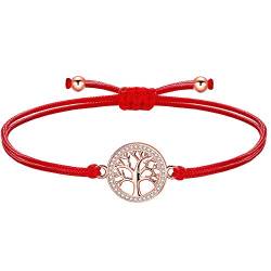 ZENI Lebensbaum Armband Roségold für Junge Mädchen, Handgefertigtes Stoffarmband Rot Verstellbar 16+8cm für Damen, Geburtstagsschmuck Geschenke für Kinder von ZENI
