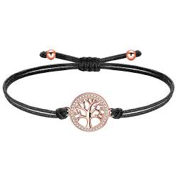 ZENI Lebensbaum Armband Roségold für Junge Mädchen, Handgefertigtes Stoffarmband Schwarz Verstellbar 16+8cm für Damen, Geburtstagsschmuck Geschenke für Kinder von ZENI