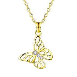 ZENI Schmetterling Damen Halskette 925 Sterling Silber Anhänger, Aus Vergoldetem 925 Sterling Silber mit Zirkonia 45CM Kettenlänge von ZENI