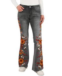 Damen Jeans mit Stickerei und Glockenunterteil, Stretch, ausgestellte Passform, weites Bein, Denim-Hose, Sonnenblume, 42 DE von ZENTHACE