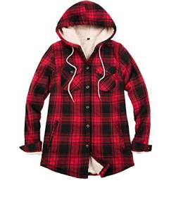 Damen Sherpa gefütterte karierte Flanelljacke Button Down Kapuze Flanell Hemd Jacke mit Eingriffstaschen (alle Sherpa-Futter), Rot/Ausflug, einfarbig (Getaway Solids), XXL von ZENTHACE