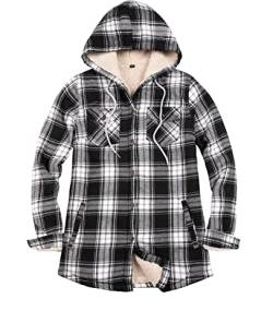 Damen Sherpa gefütterte karierte Flanelljacke Button Down Kapuze Flanell Hemd Jacke mit Eingriffstaschen (alle Sherpa-Futter), Schwarz/Weiß, M von ZENTHACE