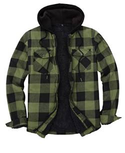 Herren Sherpa gefütterte Flanell-Hemdjacke mit Kapuze, kariertes Hemd, Jac, Sherpa-Futter, Grün , XL von ZENTHACE